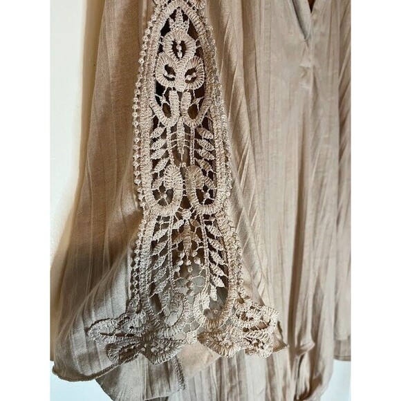 French Laundry Beige Cottagecore Peasant Opn Lace 3/4 Sleeve Tie Front Blouse 2X - Picture 3 of 5